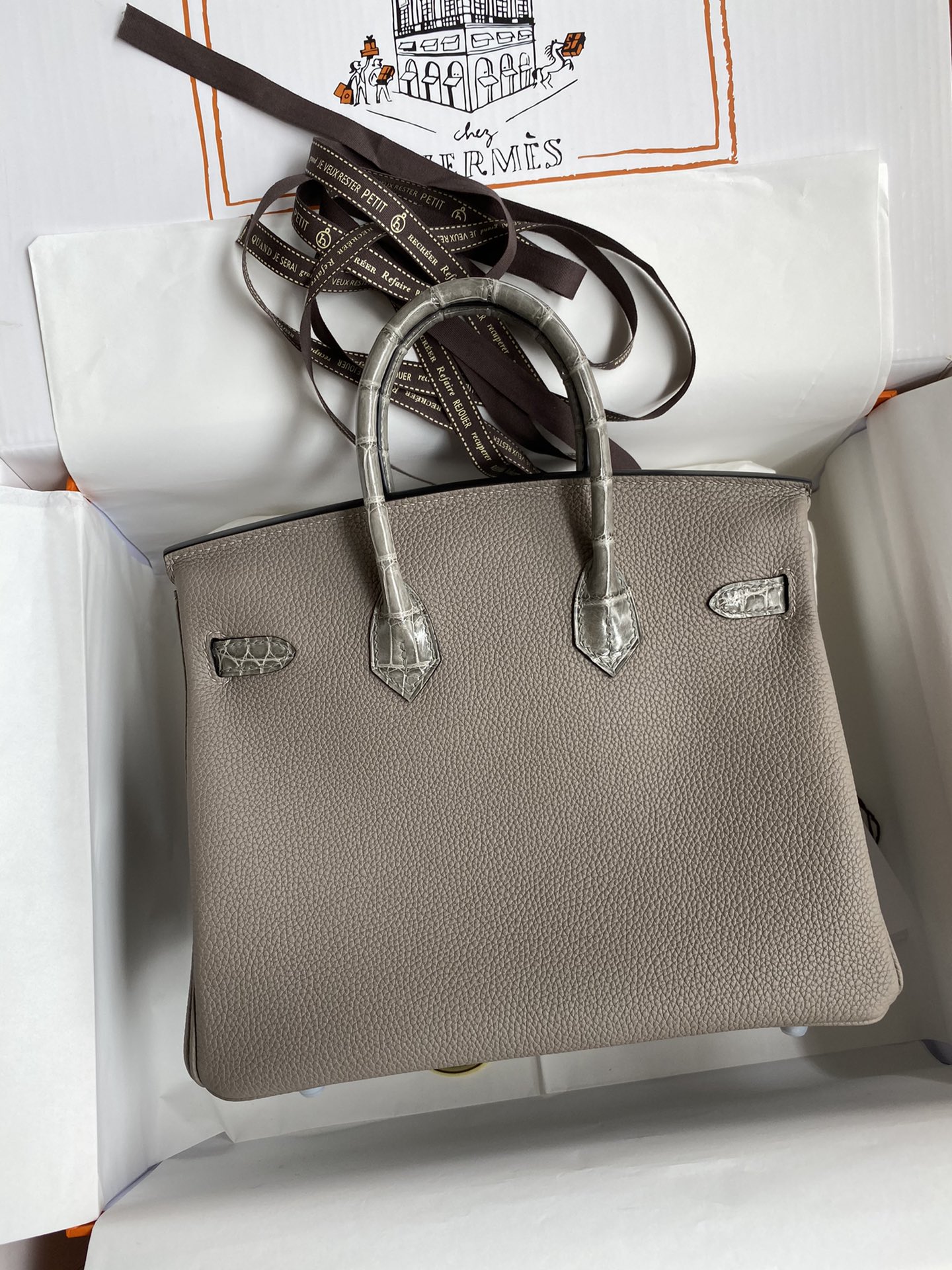 Hermes Touch Birkin 25CM Bag In Gris Asphalte Togo and Shiny Niloticus Crocodile Skin